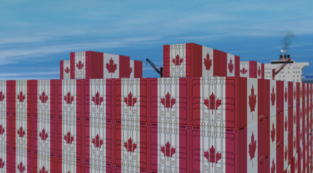 Canada export production and import containers on a cargo ship. Business concept of transport and shipping with a Canadian flag. 3D drone view illustration.の写真素材