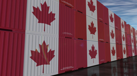 Canada export production and import cargo containers in row business concept. Canadian flag...