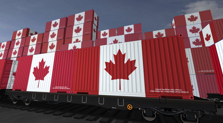 Canada export production and import containers on a freight wagons. Business concept of railway train transport and shipping with a Canadian flag 3D illustration.の写真素材