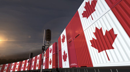Canada export production and import containers on a freight wagons. Business concept of railway...