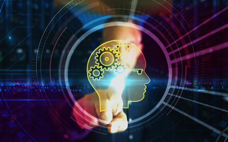 AI head artificial intelligence machine learning symbol digital abstract 3d concept. Finger touch screen. cyber technology and network background. Man pushes computer display illustration.の写真素材