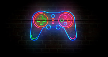 Gaming neon symbol. Game pad video retro console light color bulbs. Abstract concept 3d illustration.の写真素材
