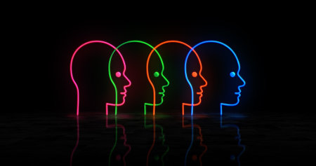 Artificial intelligence head neon symbol. AI cyber face light color bulbs. Abstract concept 3d illustration.の写真素材