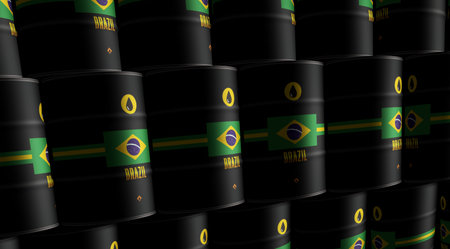 Brazil oil crude petroleum fuel barrels in row concept. Brazilian petrol business and fuel extraction industrial containers 3d illustration.の写真素材