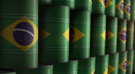 Brazil oil crude petroleum fuel barrels in row concept. Brazilian petrol business and fuel extraction industrial containers 3d illustration.の写真素材