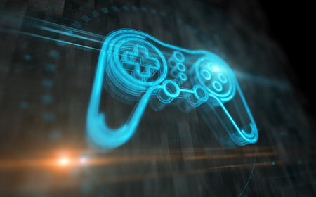 Gaming pad and joystick play video game symbol digital concept. Network, cyber technology sign and computer background abstract icon 3d illustration.の写真素材