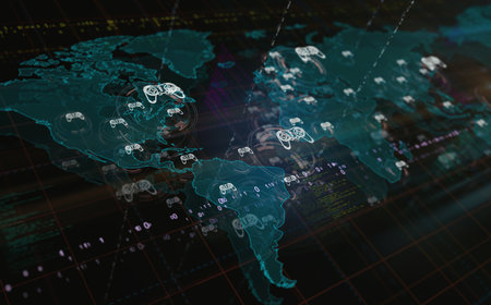 Gaming pad and joystick play video game symbols over world map. Technology concept 3d illustration.の写真素材