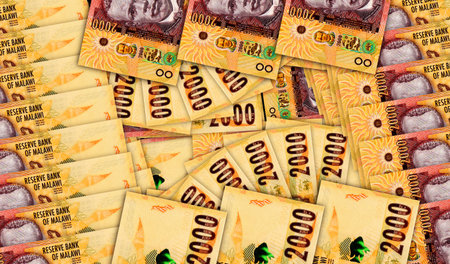Malawi kwacha banknotes in a cash fan mosaic pattern. Malawian MWK 2000 money notes. Abstract...
