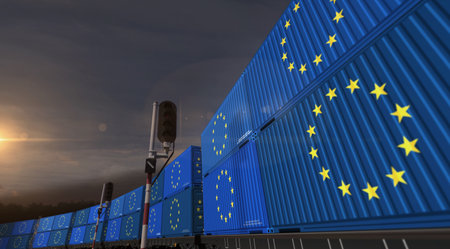 EU export production and import containers on a freight wagons. Business concept of railway train transport and shipping with a European Union flag 3D illustration.の写真素材