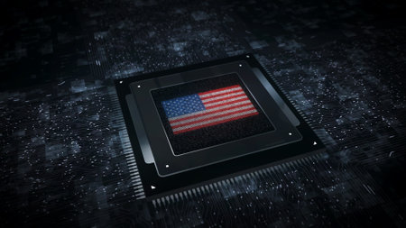 USA digital technology flag cyber on on computer CPU in background. United States banner cyberattack and espionage concept illustration.の写真素材
