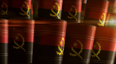 Angola oil crude petroleum fuel barrels in row concept. Angolan petrol business and fuel extraction industrial containers 3d illustration.の写真素材