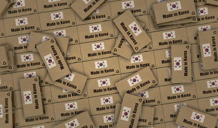 Made in Korea box production line. Manufacturing and delivery. Product factory, import and export. Abstract concept 3d illustration.の写真素材