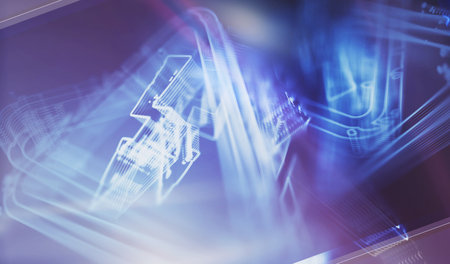 Electric power danger warning and energy symbol digital concept. Network, cyber technology and...