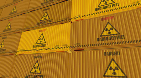 Radioactive waste and nuclear cargo containers in row business concept. atomic energy symbol...