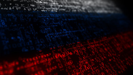 Russia digital technology flag cyber background. Russian Federation banner cyberattack and espionage concept illustration.の写真素材