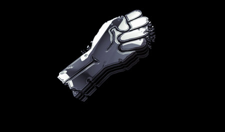 Freedom fight revolution with clenched fist golden metal shine symbol concept. Spectacular glowing and reflection light icon abstract object 3d illustration.の写真素材