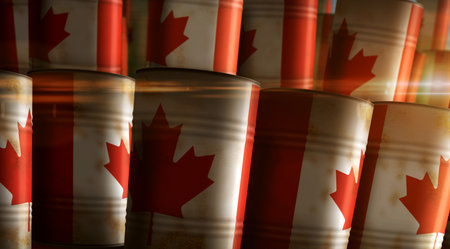 Canada oil crude petroleum fuel barrels in row concept. Canadian petrol business and fuel extraction industrial containers 3d illustration.の写真素材