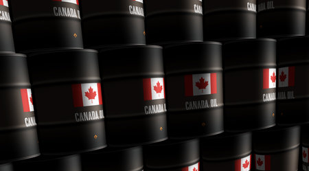 Canada oil crude petroleum fuel barrels in row concept. Canadian petrol business and fuel extraction industrial containers 3d illustration.の写真素材