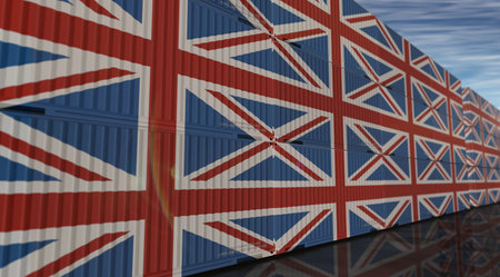 UK Great Britain export production and import cargo containers in row business concept. British flag industrial shipping box 3d illustration.の写真素材
