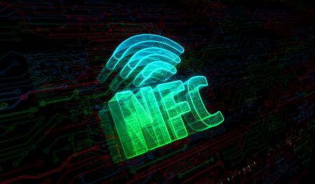 NFC wireless pay mobile phone payment symbol digital concept. Network, cyber technology and computer background abstract 3d illustration.の写真素材