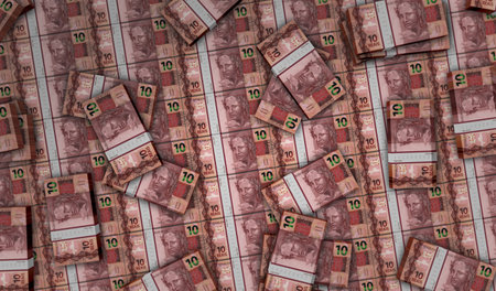 Brasil money Brazilian Real money pack 3d illustration. 10 BRL banknote bundle stacks. Concept of...