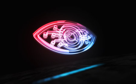 Cyber eye spying and security control symbol digital abstract concept holographic glass. Cyber technology and computer background 3d object illustration.の写真素材