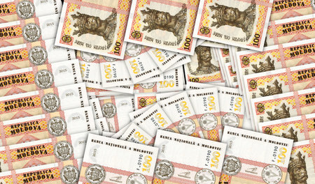 Moldova Lei banknotes in a cash fan mosaic pattern. Moldovan MDL 100 money notes. Abstract concept...
