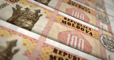 Moldovan Lei money printing 3d illustration. 100 MDL banknote print. Concept of finance, cash,...