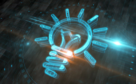 Idea bulb light inspiration and creativity symbol digital concept. Network, cyber technology sign and computer background abstract icon 3d illustration.の写真素材