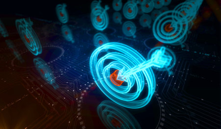 Target business strategy and success motivation symbol digital concept. Network, cyber technology and computer background abstract 3d illustration.の写真素材