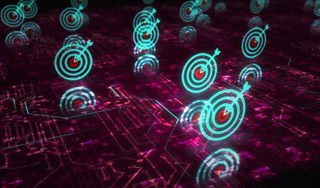 Target business strategy and success motivation symbol digital concept. Network, cyber technology and computer background abstract 3d illustration.の写真素材