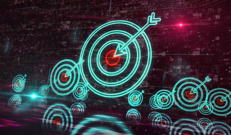 Target business strategy and success motivation symbol digital concept. Network, cyber technology and computer background abstract 3d illustration.の写真素材