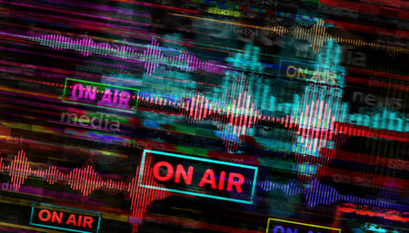 On air studio live record with audio spectrum symbol technology concept. Abstract sign on glitch screens 3d illustration.の写真素材