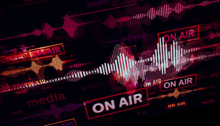 On air studio live record with audio spectrum symbol technology concept. Abstract sign on glitch screens 3d illustration.の写真素材