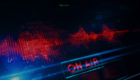 On air studio live record with audio spectrum symbol technology concept. Abstract sign on glitch...