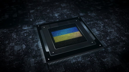 Ukraine digital technology flag cyber on on computer CPU in background. Ukrainian banner cyberattack and espionage concept illustration.の写真素材