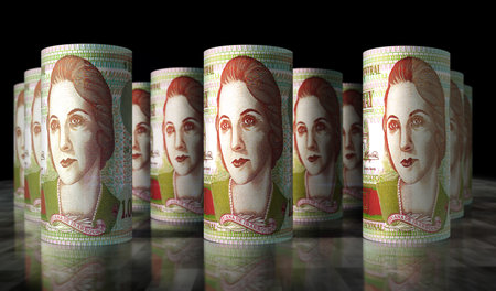Uruguay money Uruguayan Peso money rolls 3d illustration. 1000 UYU banknote bundle stacks. Concept of finance, cash, economy crisis, business success, recession, bank, tax and debt.の写真素材