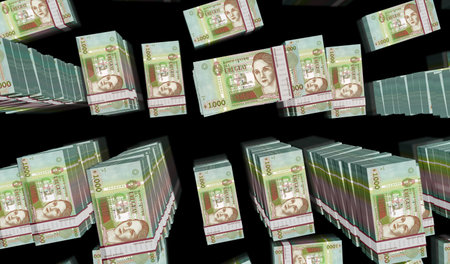 Uruguay money Uruguayan Peso money pack 3d illustration. 1000 UYU banknote bundle stacks. Concept of finance, cash, economy crisis, business success, recession, bank, tax and debt.の写真素材