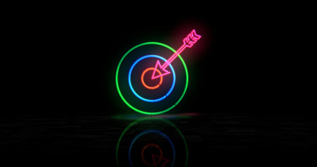 Target arrow and success business strategy neon symbol. Marketing aim light color bulbs. Abstract concept 3d illustration.の写真素材