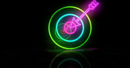 Target arrow and success business strategy neon symbol. Marketing aim light color bulbs. Abstract concept 3d illustration.の写真素材