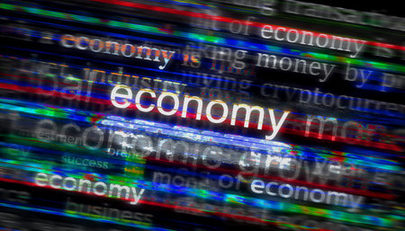 Economy business and finance headline news across international media. Abstract concept of news titles on noise displays. TV glitch effect 3d illustration.の写真素材