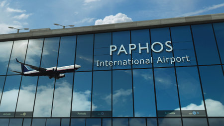 Aircraft landing at Paphos, Paphos, Cyprus 3D rendering illustration. Arrival in the city with the glass airport terminal and reflection of jet plane. Travel, business, tourism and transport.の写真素材