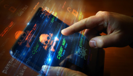 Cyber war and hybrid conflict symbol mobile technology concept. Abstract sign on glitch screens in hand 3d illustration.の写真素材