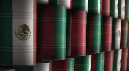 Mexico oil crude petroleum fuel barrels in row concept. Mexican petrol business and fuel extraction industrial containers 3d illustration.の写真素材