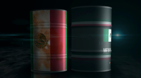 Mexico oil crude petroleum fuel barrels in row concept. Mexican petrol business and fuel extraction industrial containers 3d illustration.の写真素材