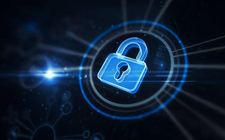Cyber security and computer data protection with padlock symbol digital concept. Network, cyber technology sign and computer background abstract icon 3d illustration.の写真素材