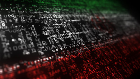 Iran digital technology flag cyber background. Iranian banner cyberattack and espionage concept...