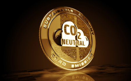 CO2 Neutral and eco friendly gold coin on green screen background. Abstract concept 3d illustration.の写真素材
