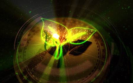 CO2 Neutral and eco friendly gold coin on green screen background. Abstract concept 3d illustration.の写真素材