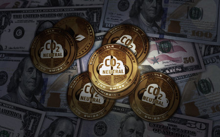 CO2 Neutral and eco friendly golden coin over Dollar banknotes. Online payment and crypto money transaction abstract concept 3d illustration.の写真素材